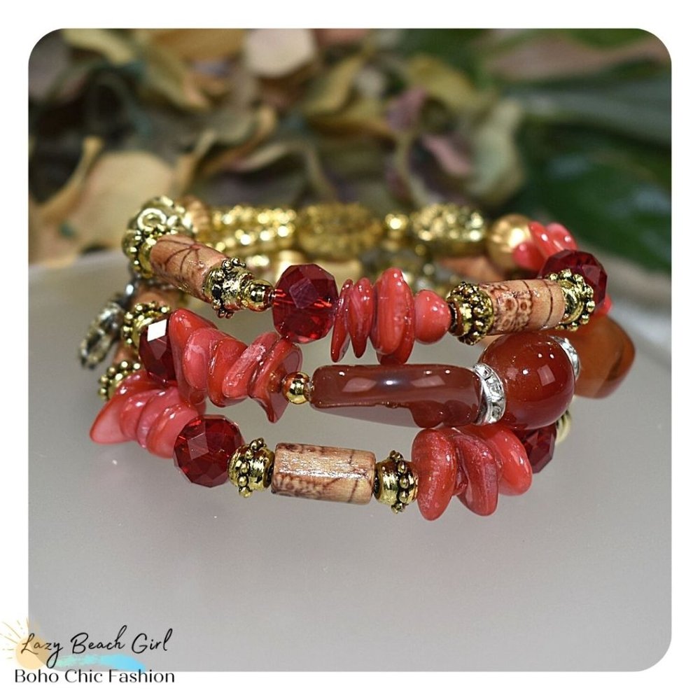 Boho Red Beaded Layered Bracelet